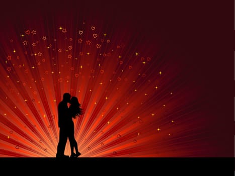 Silhouette of a kissing couple on a background of hearts and stars