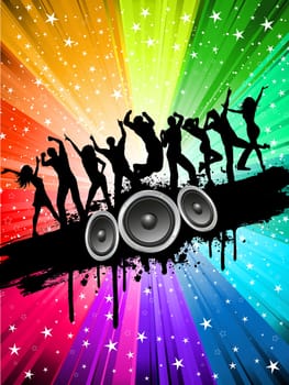 Silhouettes of people dancing on a starry multi coloured background