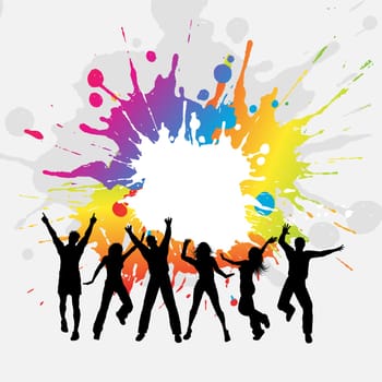 Silhouettes of a group of people dancing on a grunge background