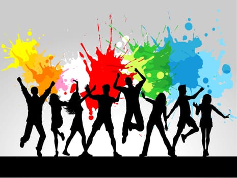 Silhouettes of people dancing on a grunge background