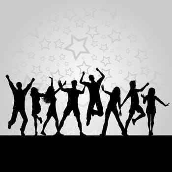 Silhouettes of people dancing on a starry background