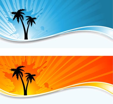 Silhouettes of palm trees on grunge sunburst backgrounds