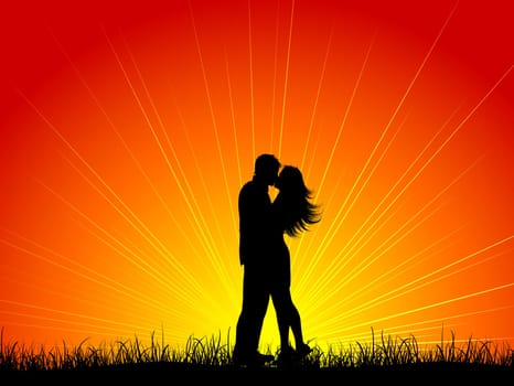 Silhouette of a couple kissing against a sunset sky