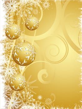 Hanging Christmas baubles on a golden snowflake background
