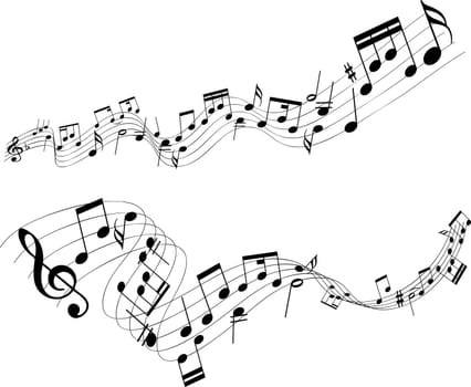 Abstract designs of music notes on a white background