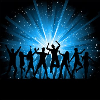 Silhouettes of people dancing on starry background