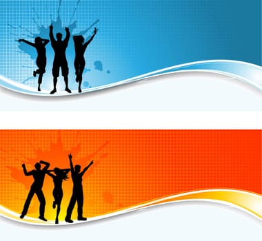 Silhouettes of people dancing on abstract grunge backgrounds