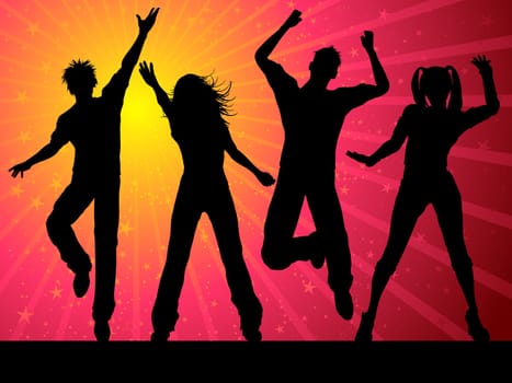 Silhouettes of people dancing on starry background