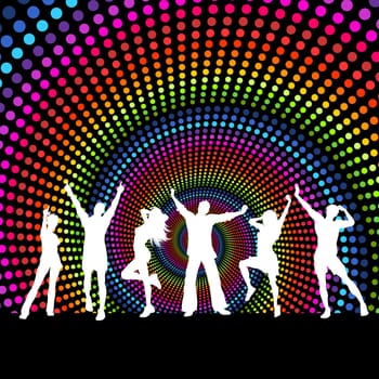 Silhouettes of people dancing on a spectrum coloured background