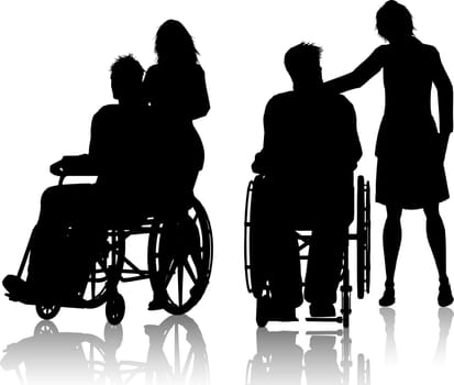 Silhouette of men in wheelchairs with a woman