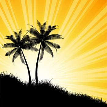 Silhouettes of palm trees against a sunny sky