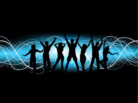 Silhouettes of people dancing on an electric blue abstract background