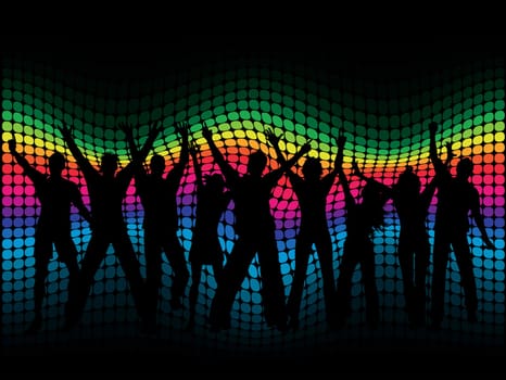 Silhouettes of people dancing on a spectrum coloured background