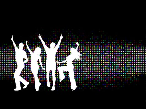 Silhouettes of people dancing on a colourful background