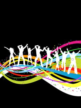 Silhouettes of people dancing on a rainbow coloured abstract background