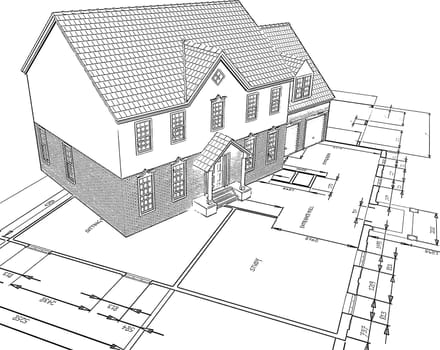 Sketched style illustration of a house on plans