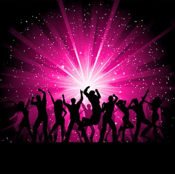 Silhoeuttes of people dancing on a starburst background