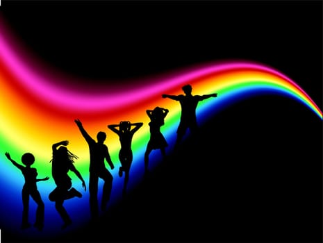Silhouettes of funky people dancing on rainbow coloured background