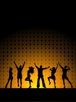 Silhouettes of people dancing on a golden background
