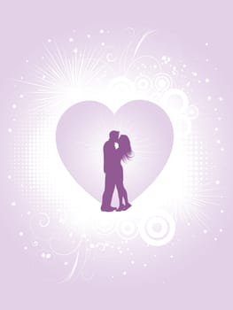 Silhouette of a kissing couple on a Valentines background