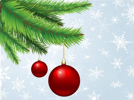 Christmas baubles hanging on pine tree branches on a snowflake background