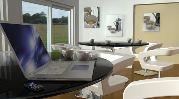 3D render of laptop in cafe bar wi-fi hotspot