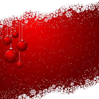 Hanging Christmas baubles on a snowflake background
