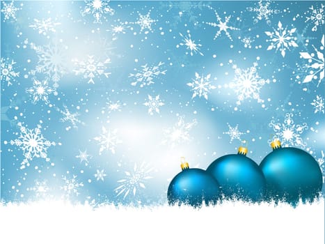 Christmas baubles nestled in snow on a snowflake background