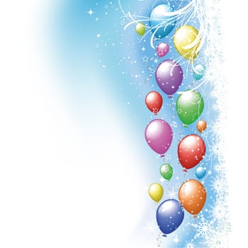 Colourful party balloons on a Christmas snowflake background