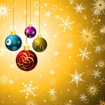 Hanging Christmas baubles on a gold snowflake background