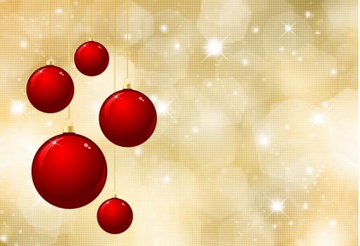 Glittery gold Christmas background with hanging baubles