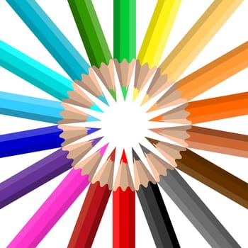 Circle of brightly coloured pencils on a white background