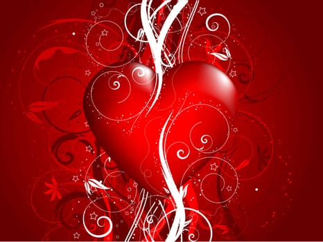 Glossy red heart on a decorative floral background