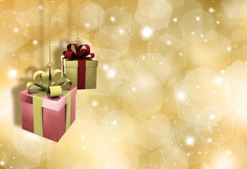 Hanging Christmas gifts on a glittery gold Christmas background