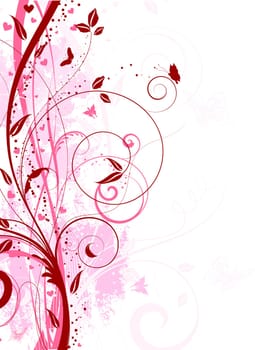 Decorative floral grunge background with hearts and butterflies