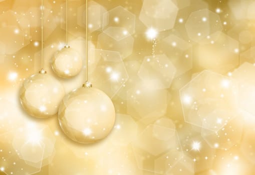 Golden Christmas baubles on a glittery gold background