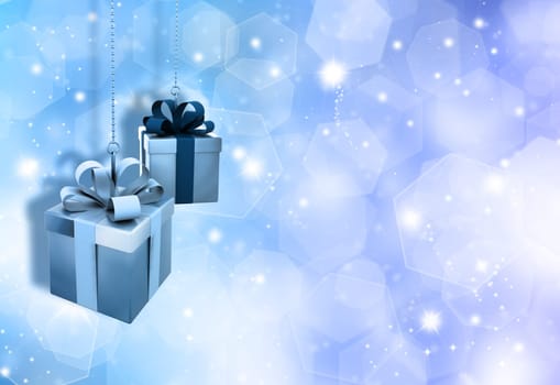 Hanging Christmas gifts on a glittery gold Christmas background