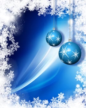 Hanging Christmas baubles on a snowflake background