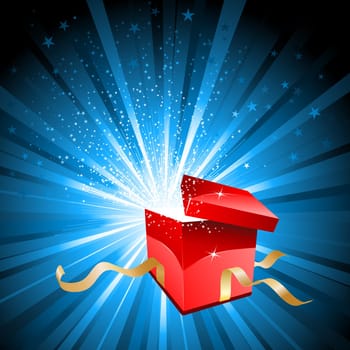 Open gift box with stars bursting out of it