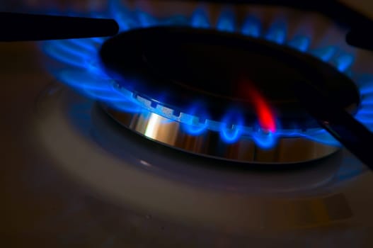 Blue Flames of Gas Stove in the Dark