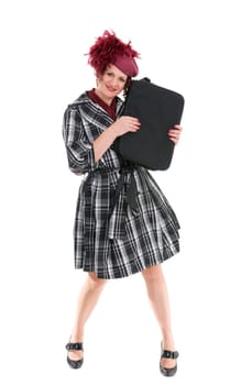 The woman with a bag in a ladies&#039  hat isolated on white background