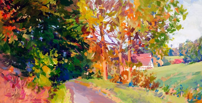 Autumn landscape painted on wooden panel