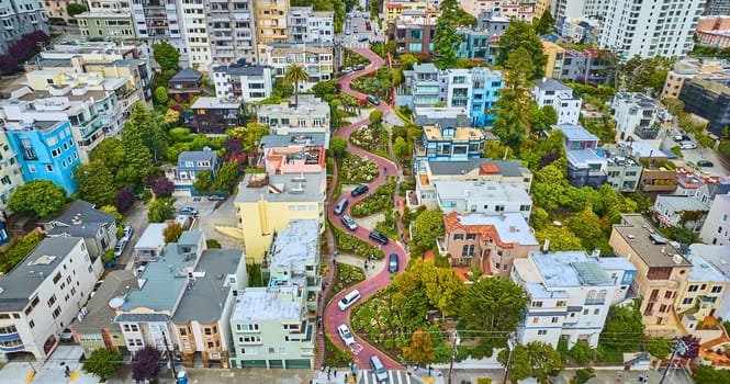 Image of Aerial looking at Lombard Street and houses from further back with cars going down red brick road