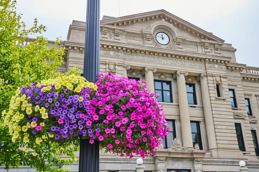 Image of Pink and yellow flowers with purple in the middle on light post in front of Dekalb courthouse