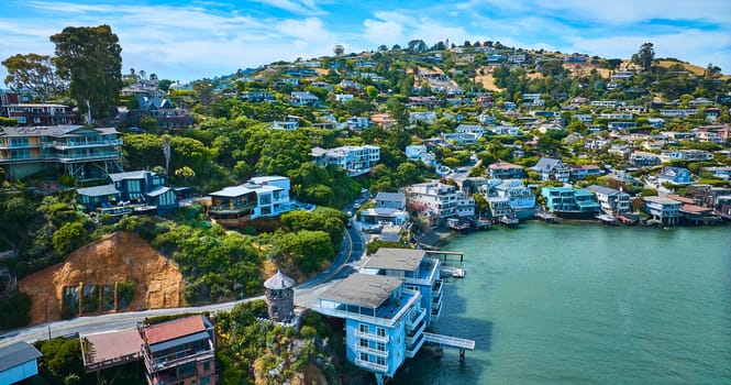 Image of Lyfords Stone Tower aerial Tiburon waterfront properties around Lyford Cove and houses on hillside