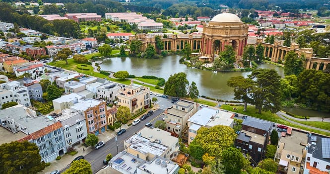 Image of Marina District aerial over houses with open rotunda and colonnade of Palace of Fine Arts