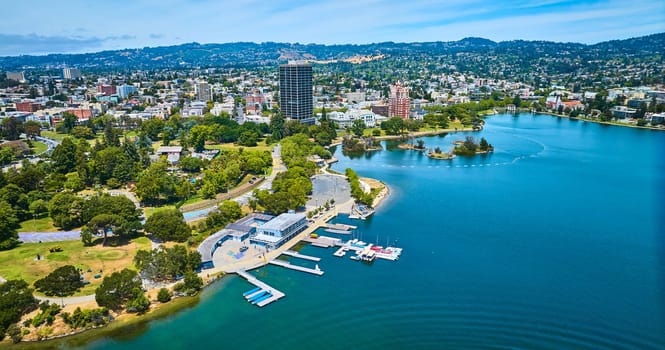 Image of Aerial Lake Merritt Boating Center with Pelican Island and residential area of Oakland City