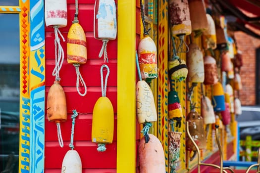 Image of Variety of clay bells on wall with corner split and more on shop building in colorful selection