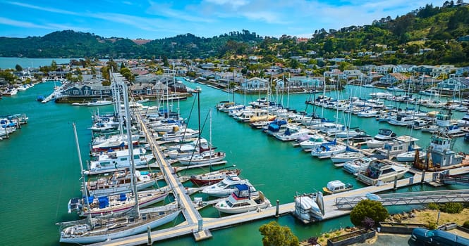 Image of Aerial Paradise Cay Yacht Harbor with variety of boats and view of rich waterfront properties