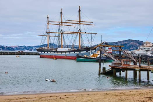 Image of Eppleton Hall and Balclutha ships docked at Hyde St Pier wide view of bay